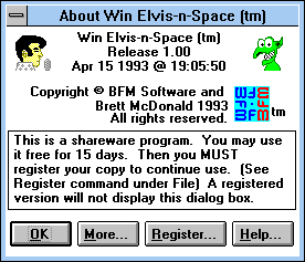 "About" screen from Win Elvis-n-Space