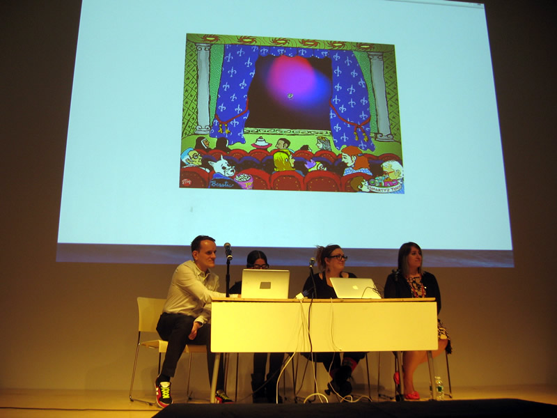 Panel discussion of Theresa Duncan's CD-ROMs with a scene from "Smarty" on-screen. (from left to right) Rhizome archivist Dragan Espenchied, Participant Inc. founder Lia Gangitano, game critic Jenn Frank, FEMICOM Museum founder Rachel Simone Weil.