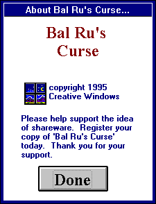 "About" screen from Bal Ru's Curse