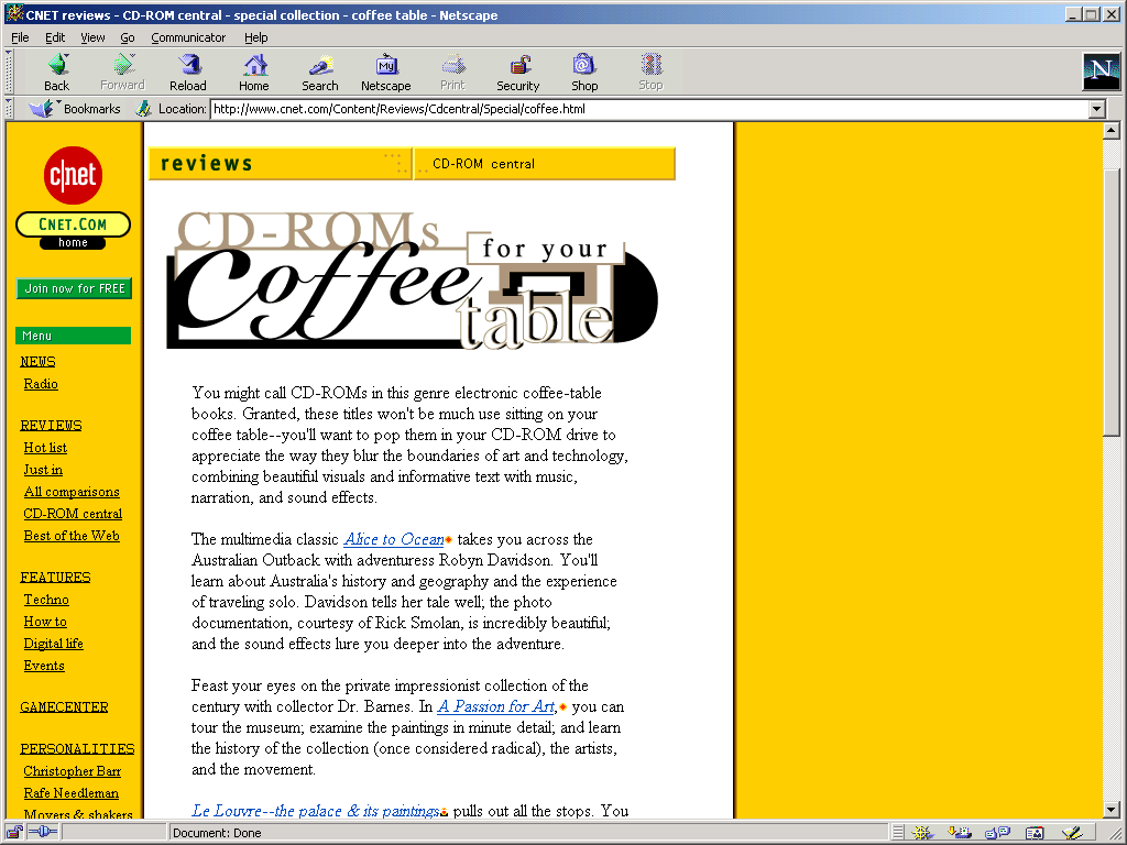 Screen capture of CNET's CD-ROM Central page "CD-ROMs for Your Coffee Table"