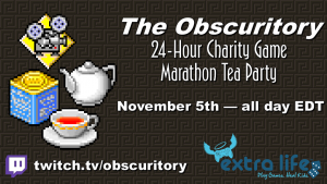 The Obscuritory 24-Hour Charity Game Marathon Tea Party banner