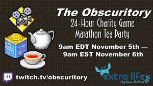 The Obscuritory 24-Hour Charity Game Marathon Tea Party banner