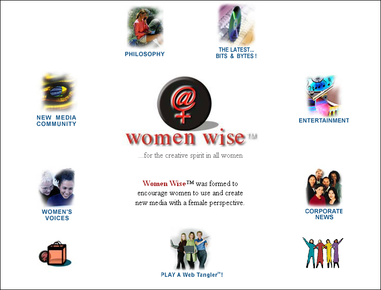 Screenshot from the homepage for the Women Wise website. The logo is captioned "...for the greative spirit in all women."