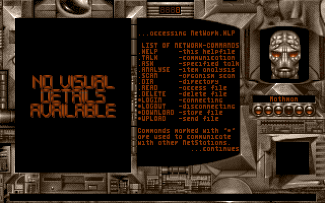 The NetStation interface from Perihelion: The Prophecy. The terminal readout lists commands that can be typed in, such as help, talk, ask, analyze, and read.