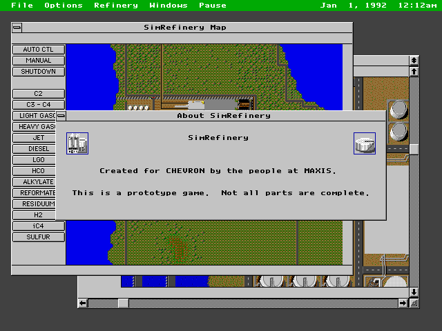 "About SimRefinery" screen. The screen says "SimRefinery. Created for Chevron by the people at Maxis. This is a prototype game. Not all parts are complete."