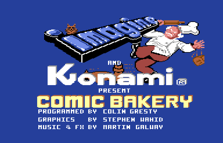 Title screen from Comic Bakery. A chef has just dropped a loaf of bread and is angrily chasing a raccoon.