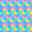 A series of pastel rainbow-colored bubbles on a scrolling rainbow background. The bubbles are refracting the background pattern, creating an effect like the colors are scrolling in different directions on different layers.
