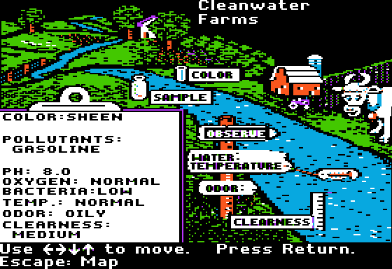 Screenshot from Cleanwater Detectives. The player is testing water in the river outside Cleanwater Farms. The water is oily and has a sheen, and it's contaminated with gasoline.