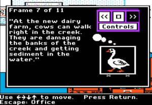 Screenshot from Cleanwater Detectives. A goose is giving testimony on a videotape: "At the new dairy farm, cows can walk right in the creek. They are damaging the banks of the creek and getting sediment in the water."