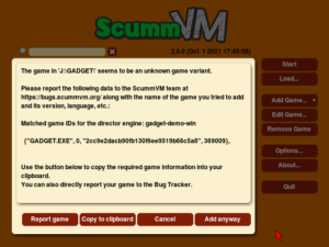 Screenshot of ScummVM 2.5.0. The interface shows an error indicating that this version of GADGET is "an unknonw game variant."