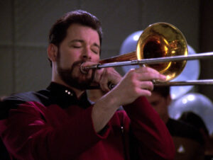 Commander Riker playing trombone in the episode "The Next Phase" from Star Trek: The Next Generation.