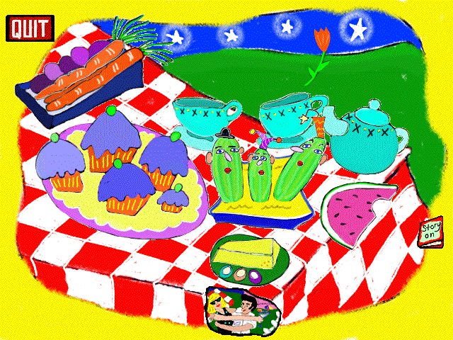 Screenshot from Chop Suey. A picnic table holds a spread of foods including carrots, cupcakes, watermelon, cucumbers, and tea. The cucumbers have silly Mr. Potato Head-style faces and hats.