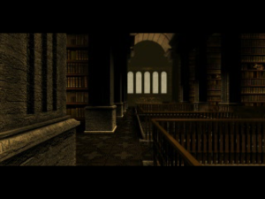 Screenshot from The Book of Watermarks showing the dimly-lit interior of a library with marble floors.