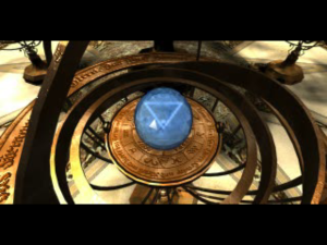 Screenshot from The Book of Watermarks. A blue orb containing an upside-down triangle rests on an ornate pedestal.