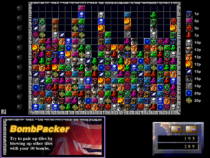 The minigame BombPacker, showing a dense grid of colorful tiles. The description reads, "Try to pair up tiles by blowing up other tiles with your 10 bombs."