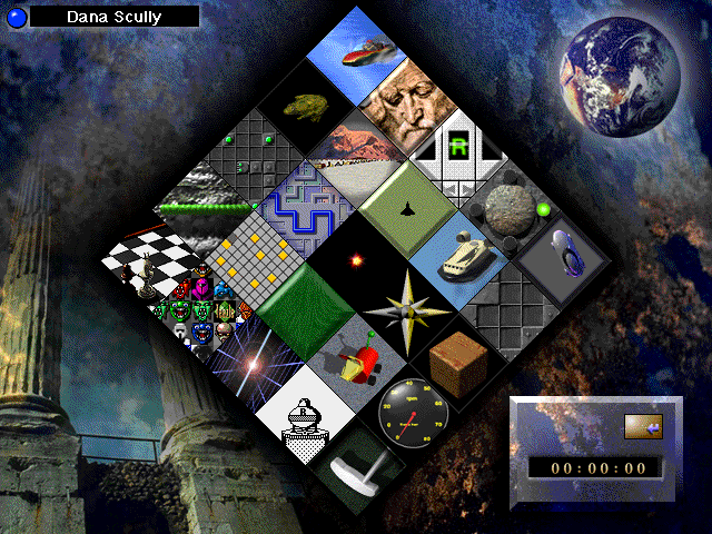 A Teazle game board, shaped, like a diamond, divided into a 5-by-5 grid. Each space on the board has an icon for a different minigame. The background is a collage of space imagery and ancient stone pillars.