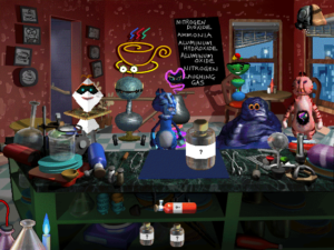 An assortment of weird computer-generated characters hanging out in a cafe. An unidentified chemical sits on the counter. The chalk sign in the back of the cafe lists various chemicals and compounds.