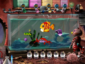 A damaged aquarium filled with colorful fish. The feed dispensers at the top of the tank are labeled Soluble, Insoluble, Ions, Acids, and Bases.