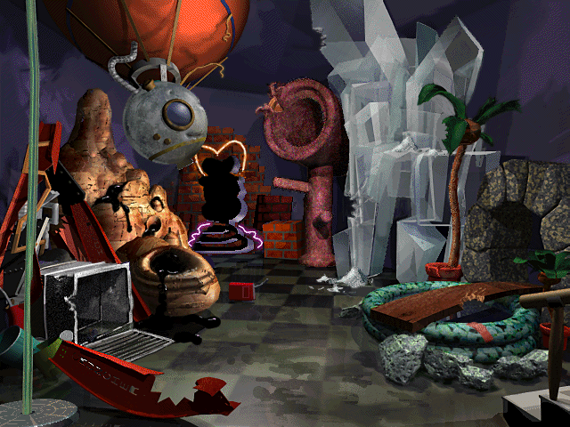 A surreal room containing a palm tree, a kiddie pool, a wall of crystals, and an assortment of unidentifiable rock and metal structures.