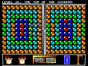 Level 26 from Clockwiser, "The Top of the Iceberg." The blocks are arranged in a series of concentric rings, each one a differnet color. The solution board shows some of the tiles offset and switched around.