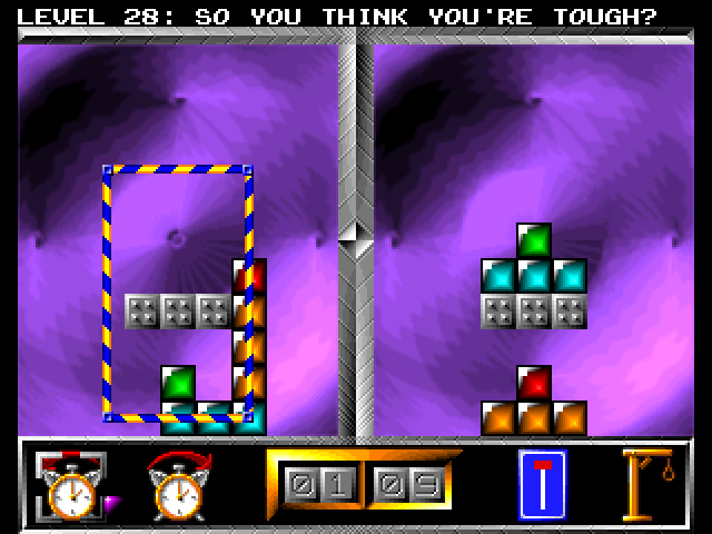 Level 28 from Clockwiser, "So You Think You're Tough?" On the solution board, the blocks are arranged in t-shapes on two different platforms at different heights. On the player's board, the pieces are being arranged into a ladder in order to get them up to the higher platform.