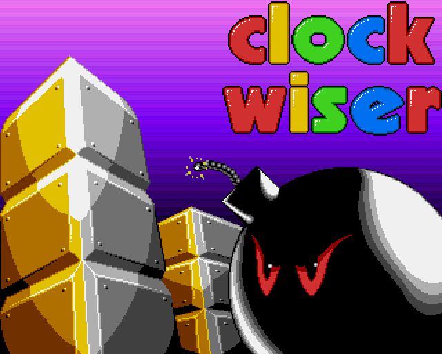 Title screen from Clockwiser, showing an angry bomb with a lit fuse sitting next to a stack of blocks from an upward angle.