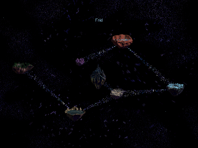 Screenshot from The Tone Rebellion A starscape with asteroid-like floating islands floating through the abyss. They are connected by starry passages.