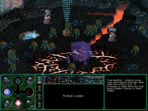 A visually busy strategy game scene, with a massive volcanic fissure running through the ground, a purple crystalline cube protecting some kind of alien structure, and an alien building broadcasting a signal into the air. The game interface identifies something on this screen as a "Mystical Location."