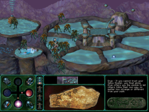 Screenshot from The Tone Rebellion A muddy, watery alien landscape. The game interface shows a stone panel with various symbols inscribed on it. One of these symbols is identified as Dran. "If you cannot trust your fellow floater, you float alone. Dran offers you the wisdom to let others follow their own way, no matter how strange or different from your path."